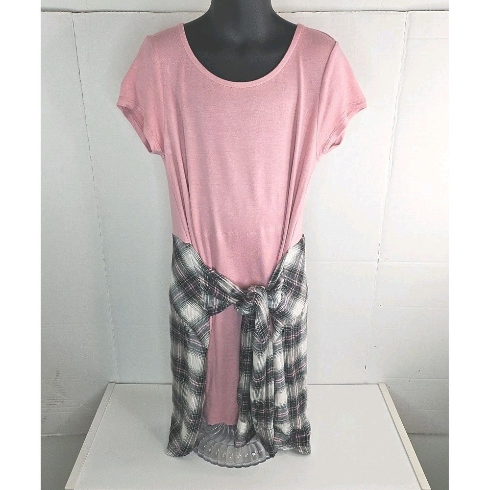 Justice Pink Dress w/ Faux Black Pink Flannel Shirt Tie Dress Size 8